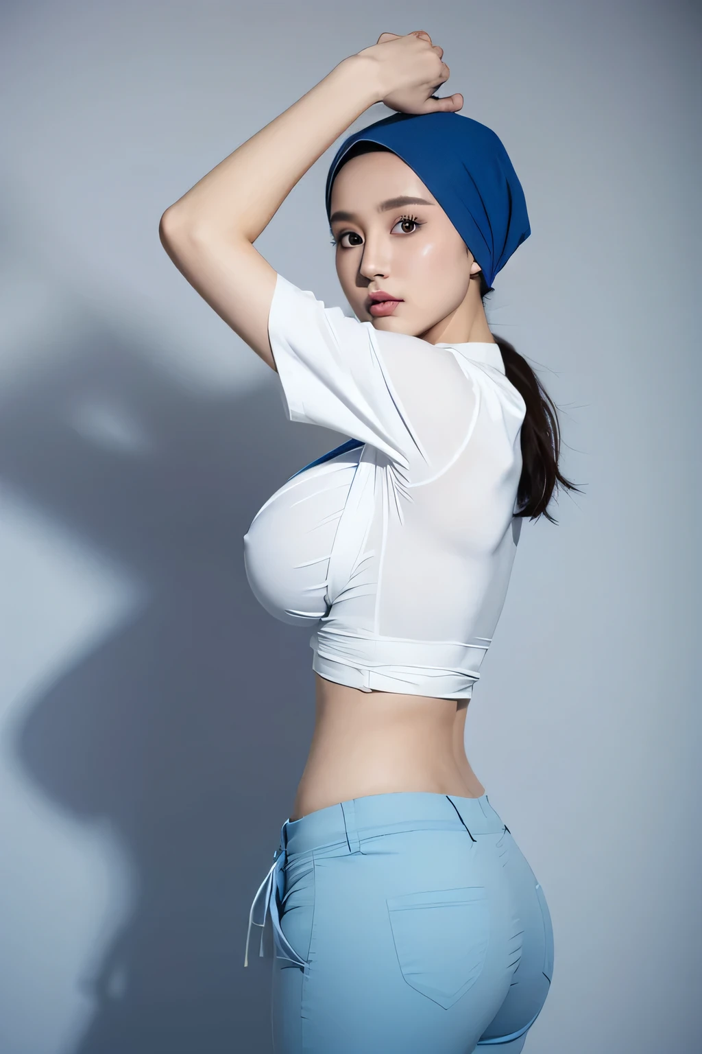 1 lady, 20 years old, wearing white hijab, hijab covers whole hair, wearing blue nurse shirt & blue trousers, tight shirt, standing, holding up file, white background, nurse wear, close shot from behind, sexy pose, big breast (huge breast 1.6), hospital, buttocks facing camera