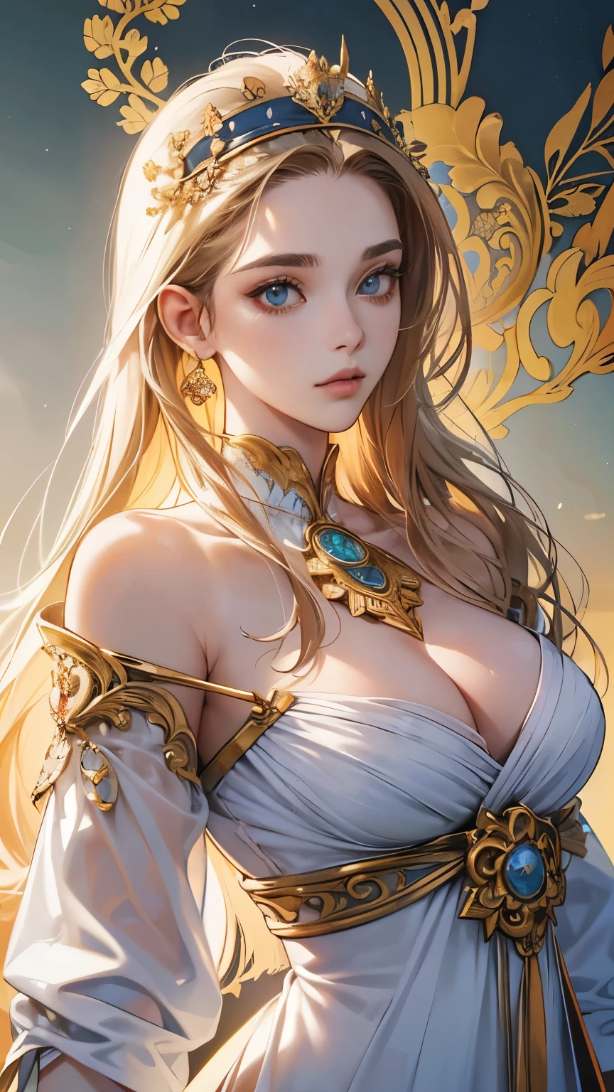 uma mulher em um vestido branco segurando um escudo e um escudo, Deusa grega Atena, gorgeous goddess of leo, Deusa da mitologia grega, Deusa grega, Atena Deusa da sabedoria, Modelo IG | Artgerm, Deusa Dourada Atena, Artgerm extremamente detalhado, estilo de Artgerm, O Deus Atena, como visto no Artgerm, venus godness athena, (master part, Qualidade Superior, melhor qualidade, Arte Oficial, Beautiful and Aesthetic:1.2), (1girl), extremamente detalhado,(Arte Fractal:1.3),colorido,mais alto detalhado,(perfect anatomy:1.2)(absurdres, highres, ultra detailed),Masterpiece,intricate details,Best quality,8k,Realistic face,anime girl,Realistic skin texture,magnified textures, stunning clarity, ultra detailed eyes and faces,look at viewer,cowboy shot