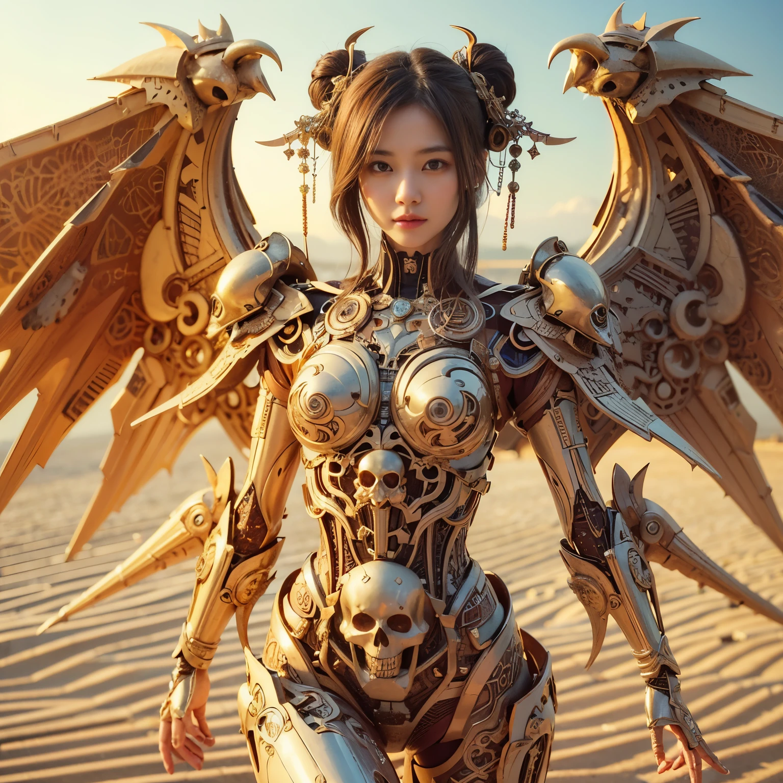 (masterpiece、highest quality、Realistic photos)、A very cute Japanese woman、(Brown skin:1.4)、A complex copper and brass mechanical armor with a skull motif.、Bat Wings、White tone、Blue accents、foot、Extremely intricate details、Posing on the medieval castle walls at sunset、Full Body Shot、Minimum 4 or more generated