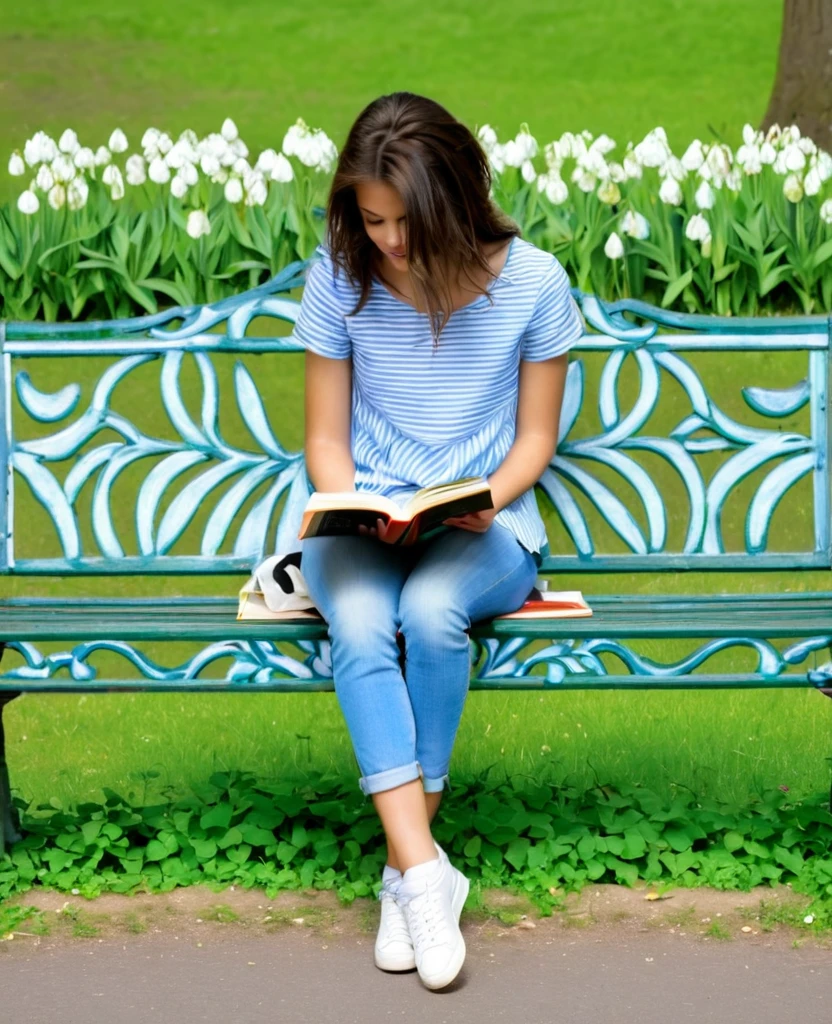 une jeune femme brune au cheveux longs est assise sur une banc dans un parc fleuri et attend son amant un livre a la main 