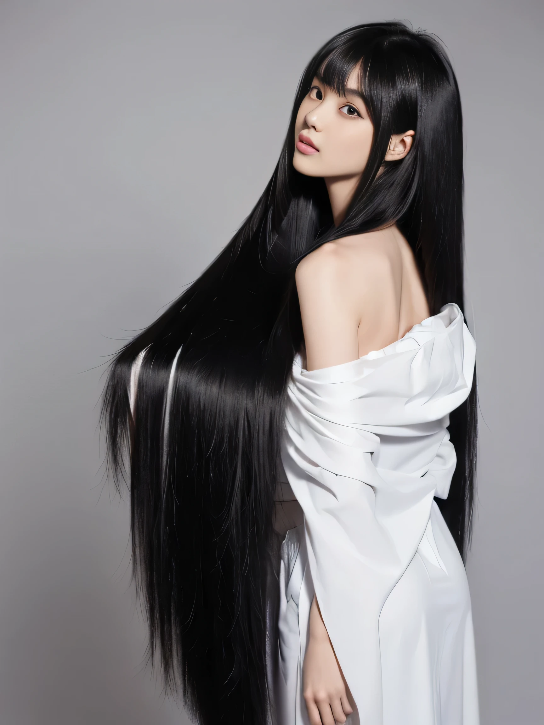 ((Random poses showing as much back and hair as possible:1.3)) ((Beautiful 12-year-old junior high school girl with long black hair, girl with super length Hair, extremely length Hair, extra length Hair, very long, Flowing Hair, very length Hair, length Hair girl, very long, Flowing black hair, length Hair windy, Very long black hair, length, Flowing Hair, length and curly hair, with length Hair, length Hair!!!! Stand in front of a mirror Her highest quality hair is long and straight., very long, highest quality black hair, length hair in the center, Highest quality long straight hair, length, straight, beautiful, High quality hair, length and free black highest quality straight hair, length Hair, length and straight, highest quality black hair, Perfect silky straight hair of the highest quality, straight, highest quality black hair, length black straight hair, length, Thin black hair Her hair is long and straight, very long black hair, length hair in the center, length straight hair, length, straight, beautiful hair of the highest quality, length Hair, length, straight black hair, length and free straight black hair, straight black hair)) (Her bangs are perfect.:1.3) (Pure white wall background:1.8. Photo of upper body from waist up) (Japan'The cutest 12 year old hair model) (She looks at the viewer with a very seductive expression...) ((highest quality)), ((masterpiece)), (Familiar) (Get used to it) Perfect Face (Her skin is a typical Japanese skin color.、And very detailed) (Big Breasts:1.3) (She is wearing a light blue skirt and a white blouse...) (She has a beautiful face and a slim figure..., Narrow eyes) (She has perfect beautiful makeup and face Lipstick is light red A solid eyeliner) ((Rich 1.4)) (Extremely detailed 8K) (Ultra-fine skin texture 1.4) (Actual, Vibrant:1.4), double eyelid Sharp focus:1.2、Beautiful woman:1.4 Dynamic Lighting (Genuine RAW photos taken by professional photographers) (Her long bangs、Well Organized) (Turn your whole body to the viewer) Professionally lit from the front (She has a bright and cheerful face) (Above the knee shot:1)
