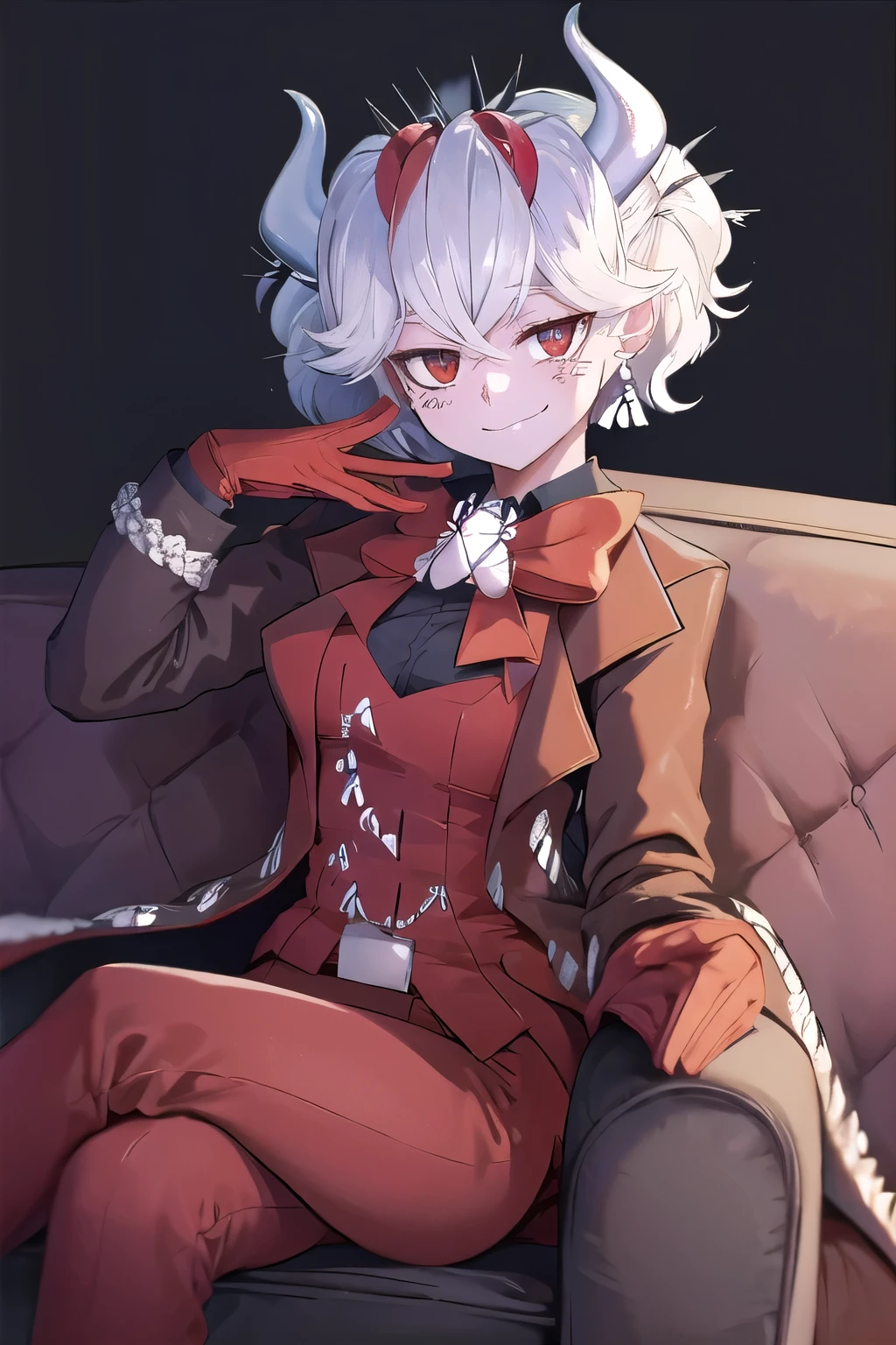 masterpiece,best quality,1girl,beelzebub,demon girl,short hair,horns,demon horns,white horns,earrings,freckles,shirt,(red gloves),formal,suit,bow,jacket,red jacket,red pants,(half-closed eyes:0.9),light smile,sitting,couch,(black background),abyss,