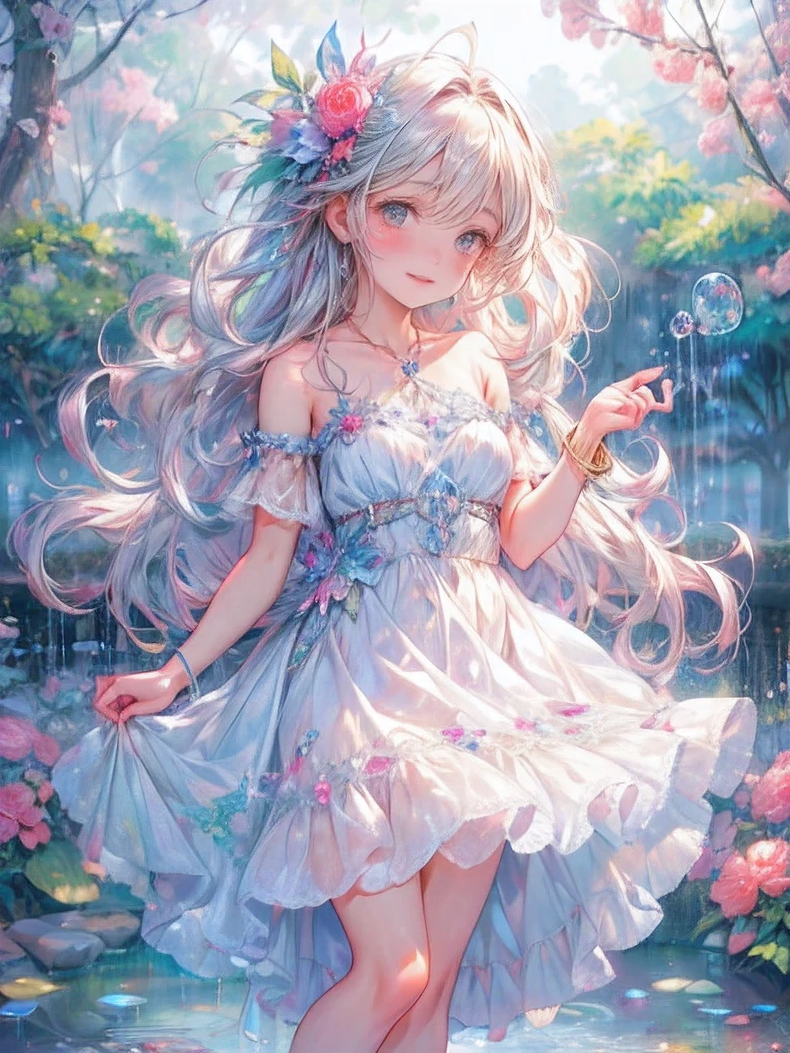 masterpiece:1.2, highest quality, 16k, highres, ultra-realistic, photorealistic:1.37, beautiful detailed:1.2, cute girl, standing in the park, fountain(with rainbow appears, high spray of water, misty water, popping water droplets, splashing water), beautiful delicate artistic avant-garde posing, beauti fuldelicate revealing summer dress, gently smile, beautiful delicate(hair, face, long eyelash, eyes, pupils, lips, knee, anklet, dress), sparkling eyes, shining rosy lips, blushed cheek, through bangs,