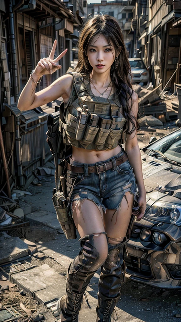 (Realistic photos:1.3, 16k, highest quality, masterpiece, Ultra-high resolution), Perfect dynamic composition:1.2, Very detailedな肌と顔の質感:1.2, Professional camera work:1.1, Dynamic action pose:0.5, Very detailed, Beautiful Japanese women serving in the US military, Incredibly slim body, Fair skin, Very beautiful face, Stern expression, (Pointing an automatic rifle at you:1.0, Bulletproof vest, Torn clothes:0.5, Backpack, boots), Shapely breasts, Chest gap, (Covered in scars:1.0, Big eyes that exude beautiful eroticism, Lips that exude beautiful eroticism), Sexy beauty, Cowboy Shot, necklace, Earrings, bracelet, (war:1.0, ruins, A ruined world, Increase the disruptive element, Operation End, Car buried in rubble, Innovative Configuration)