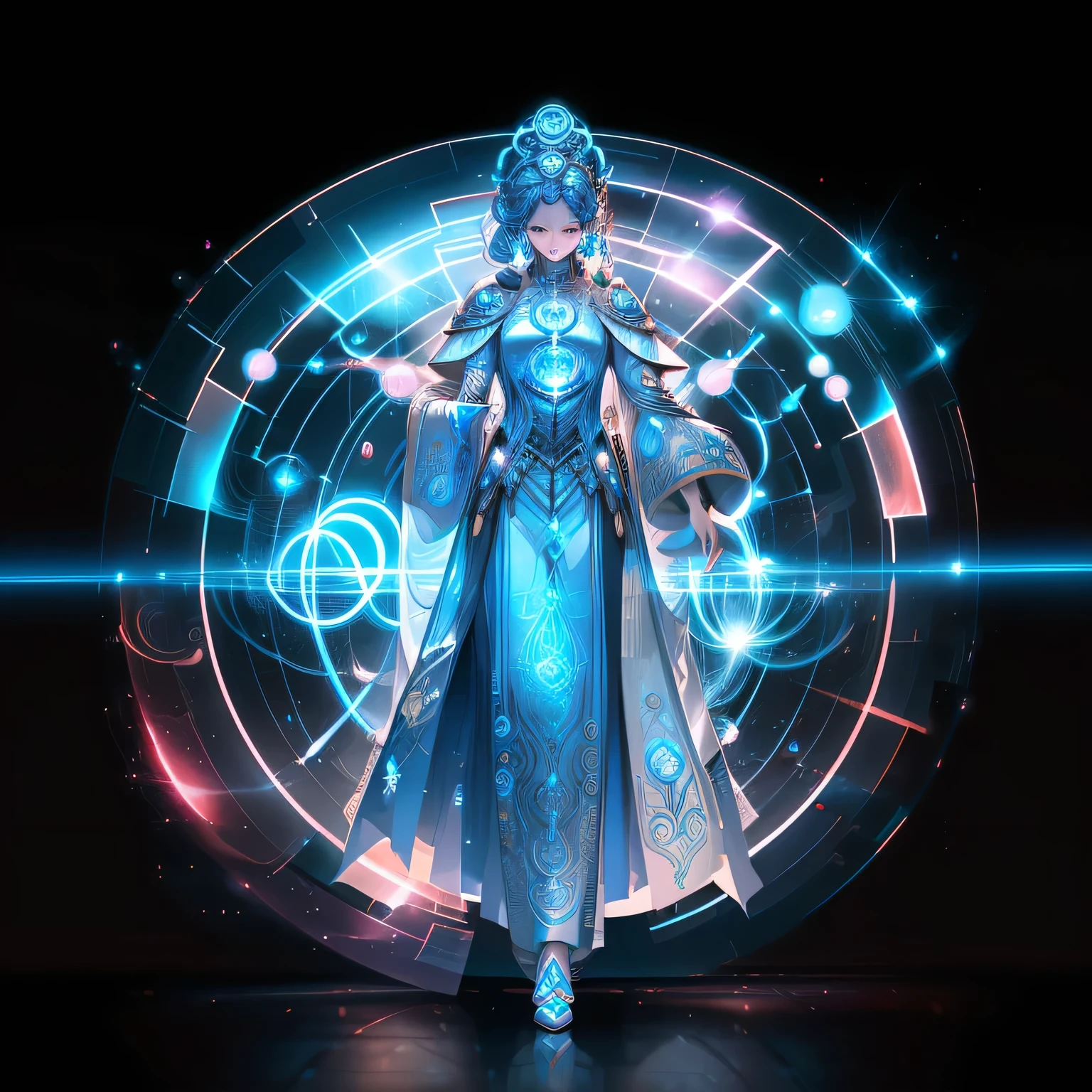 Design a circular logo that encapsulates the legendary magician, Merlin, in an innovative fusion of magic and high-resolution technology. Merlin is depicted with a meticulously detailed and epic appearance, clad in magical clothing and embellishments that amplify his mystical powers. The setting is a virtual reality or technologically advanced environment, encompassed by futuristic and radiant elements. At the logo's core, the name "IA MAGIIC" is elegantly inscribed in refined and stylish letters. The name's characters possess impeccable detail and resolution, emphasizing the magic and grandiosity of the brand name, while ensuring that both the name and the image