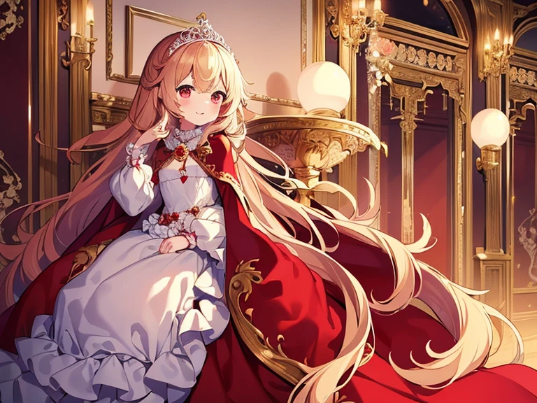 (kawaii),(best quality),(ultra detailed), upper body,(rococo style),(long train red cape:1.15), very long cape,(long train white ball gown with flower decorations), a girl is wearing a cape over her gown, 1 little princess, tiara , smile, very long hair, small breasts