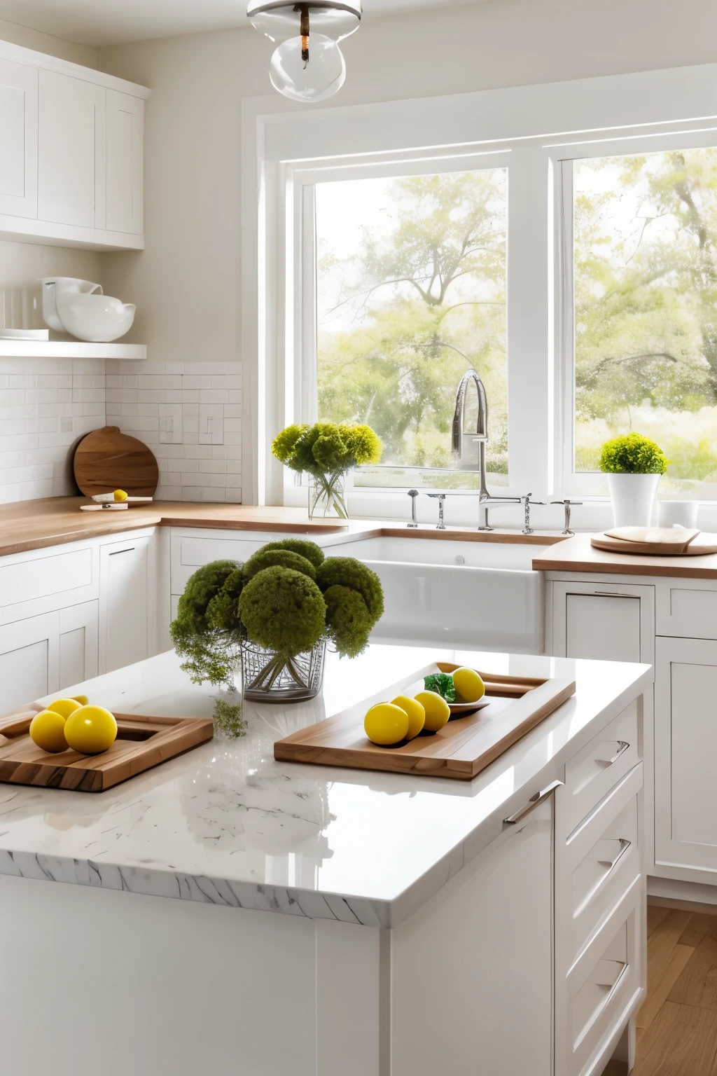 Imagine a beautifully arranged scene in a minimalist, cozy, and luxurious kitchen. White walls adorned the space, giving an air of elegance, with wooden cabinetry adding a touch of warmth. Scattered around were vases filled with white flowers, adding a pop of color and freshness to the room. In the center, resting on a white porcelain plate, were perfectly round gourmet Brazilian brigadeiros. Their vibrant yellow color contrasted delightfully against the pristine white background, each ball covered in a thin, even layer of sweet, sticky sugar, glistening under the soft lighting. The image presented a professional photo quality, capturing the essence of a delectable moment