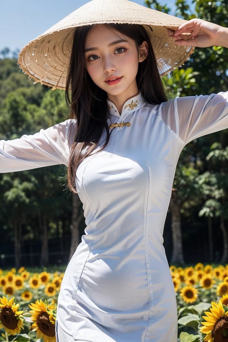 Top-quality Realistic,Official art,Highly detailed CG Unity 8k wallpaper,ultra-detailliert,hight resolution,Physically-based rendering,Magnificat,finely detail,masterpiece,Best Quality,ultra detailed,Mature beauty,Beautiful women,1girl,moist lips,sexy lips,Sexy smile,Gentle smile, 20 years old, Beautiful bare skin,Smooth bare skin, big well-shaped breasts, beautiful cleavage,beautiful Mature body,swept bangs,(Medium hair:1.3), beautiful detailed eyes,model shoot style,Japanese Idol,Full-body,((Sunflower blooming field)),BREAK, ((Ao dai:1.3)),(vietnamese national costume),(wide brimmed straw hat),Standing model pose,Delicately expressed eyes,cute smile,A lot of Sunflower are blooming,standing position,(outstretched arms), ((Extreme close-up)),