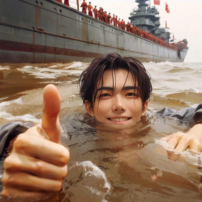 (Best Quality:1.2), (high resolution:1.2), (beautiful face and eye:1.5), (sharpest focus:1.2), (Ultra-realistic Photo:1.2), (Ultra-precise Photo:1.2), (Depth of field:1.2), (8k high resolution:1.2). (perfect anatomy:1.2),
(nice hands:1.5), (perfect hands:1.5), (One drowning Chinese man:1.2), (Very young and beautiful Chinese man:1.0), (Smiling thumbs up in a state of resignation:1.2), (Looking up angle:1.2),
(Chinese warrior in very light clothing, beaten up:1.0), (Majestic Chinese river:1.0), (Cynical smile:1.0), (Giant battleship:1.0), (Mars shining reddish-red in the night sky:1.2),