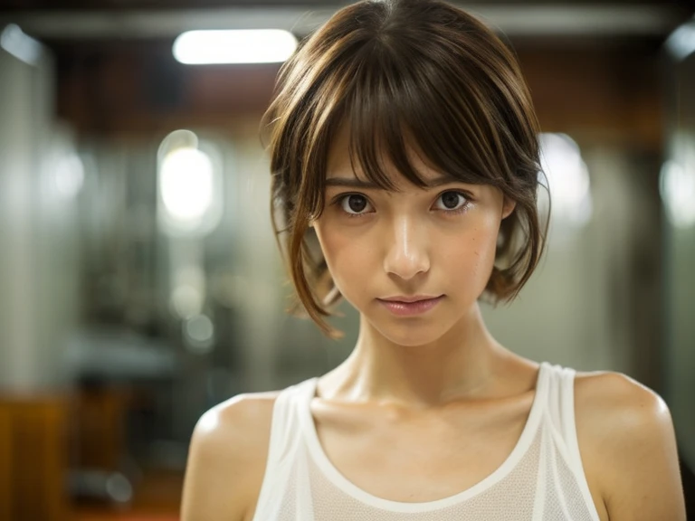 Look into the eyes, Eye contact, Front of face, indoor, Brown Hair, bangs, Light clothing, Tank top, Sweaty, Sweaty, clavicle, Light from below