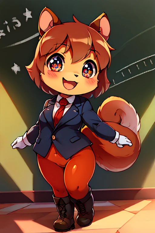 boy, squirrel, furry, bodyfur, blazer, bottomless, no panties under pantyhose, gloves, boots, chibi, sparkling eyes, idol, dancing, singing