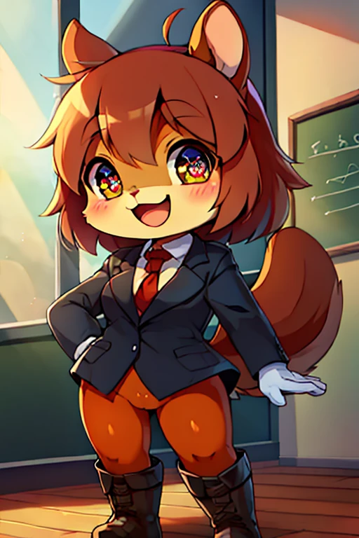 boy, squirrel and rabbit and cat, furry, bodyfur, blazer, bottomless, color tights, gloves, boots, school, chibi, happy, sparkling eyes