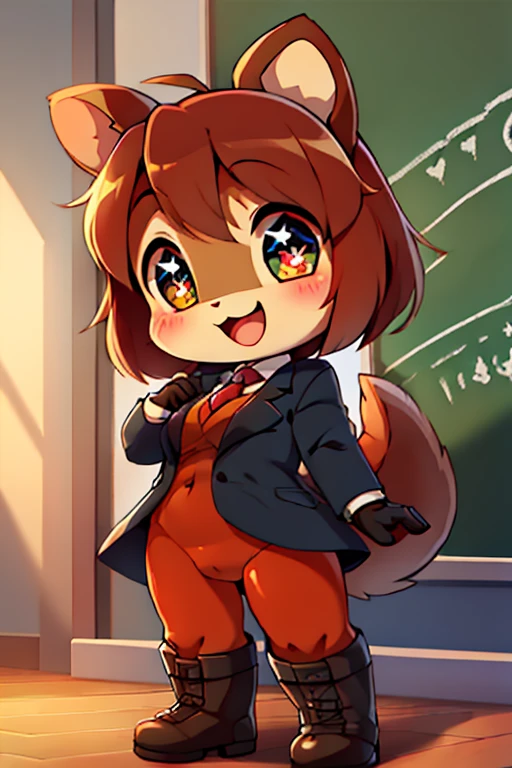 boy, squirrel and rabbit and cat, furry, bodyfur, blazer, bottomless, color tights, gloves, boots, school, chibi, happy, sparkling eyes