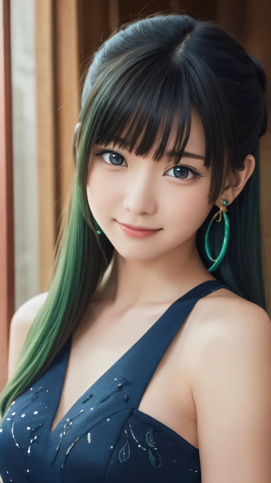 Top quality (8k, high resolution, masterpiece: 1.2), super detailed, anime art style, dynamic angle, teen style, (Chinese dress, exposed shoulders, earrings, indoor,), detailed green hair, detailed blue eyes, intricate hairstyle, long hair , slim body, sparkling eyes, youthful, hair accessories, earrings, half-updo, slightly dull bangs, detailed lighting, bright colors, looking at the viewer, in the center of the image, cowboy shot,shy smile , green hair, green hair