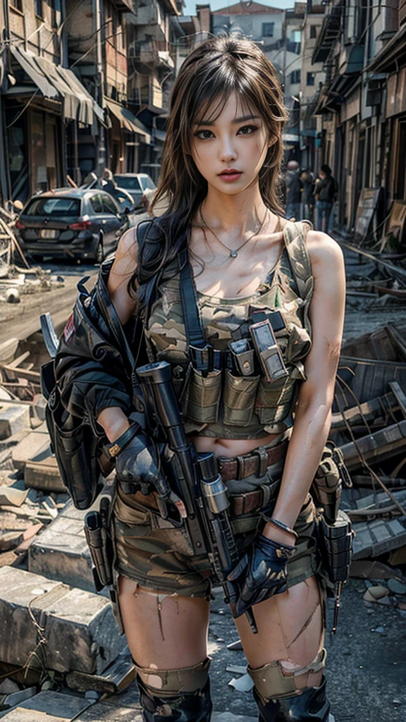 (Realistic photos:1.3, 16k, highest quality, masterpiece, Ultra-high resolution), Perfect dynamic composition:1.2, Very detailedな肌と顔の質感:1.2, Professional camera work:1.1, Dynamic pose:0.5, Very detailed, Beautiful Japanese women serving in the US military, Incredibly slim body, Fair skin, Very beautiful face, Stern expression, (Automatic rifle:0.5, Bulletproof vest, Torn clothes:0.5, Backpack, boots), Shapely breasts, Chest gap, (Covered in scars:1.0, Big eyes that exude beautiful eroticism, Lips that exude beautiful eroticism), Sexy beauty, Cowboy Shot, necklace, Earrings, bracelet, (war:1.0, ruins, A ruined world:1.0, Increase the disruptive element:1.0, Operation End, Car buried in rubble, Innovative Configuration)