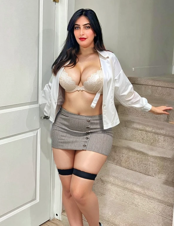 Opened top, bra, mini skirt, cleavage, curvy, medium breast size