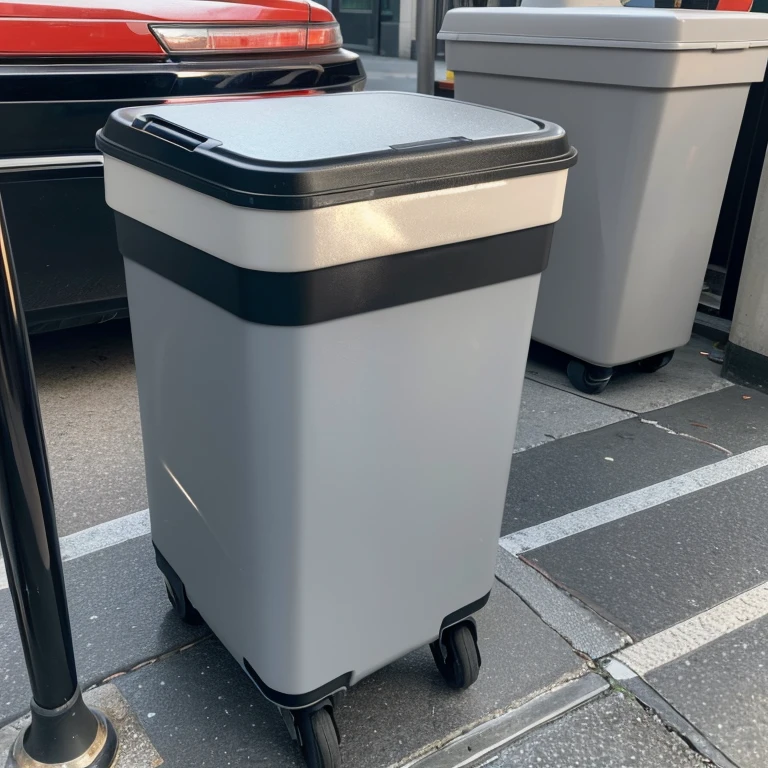 (8k, RAW photo, best quality, masterpiece:1.3),(real,photo:1.37),A gray trash can on the street,There is a mobile phone on the top of the trash can,Viewing angle:Look in the trash can