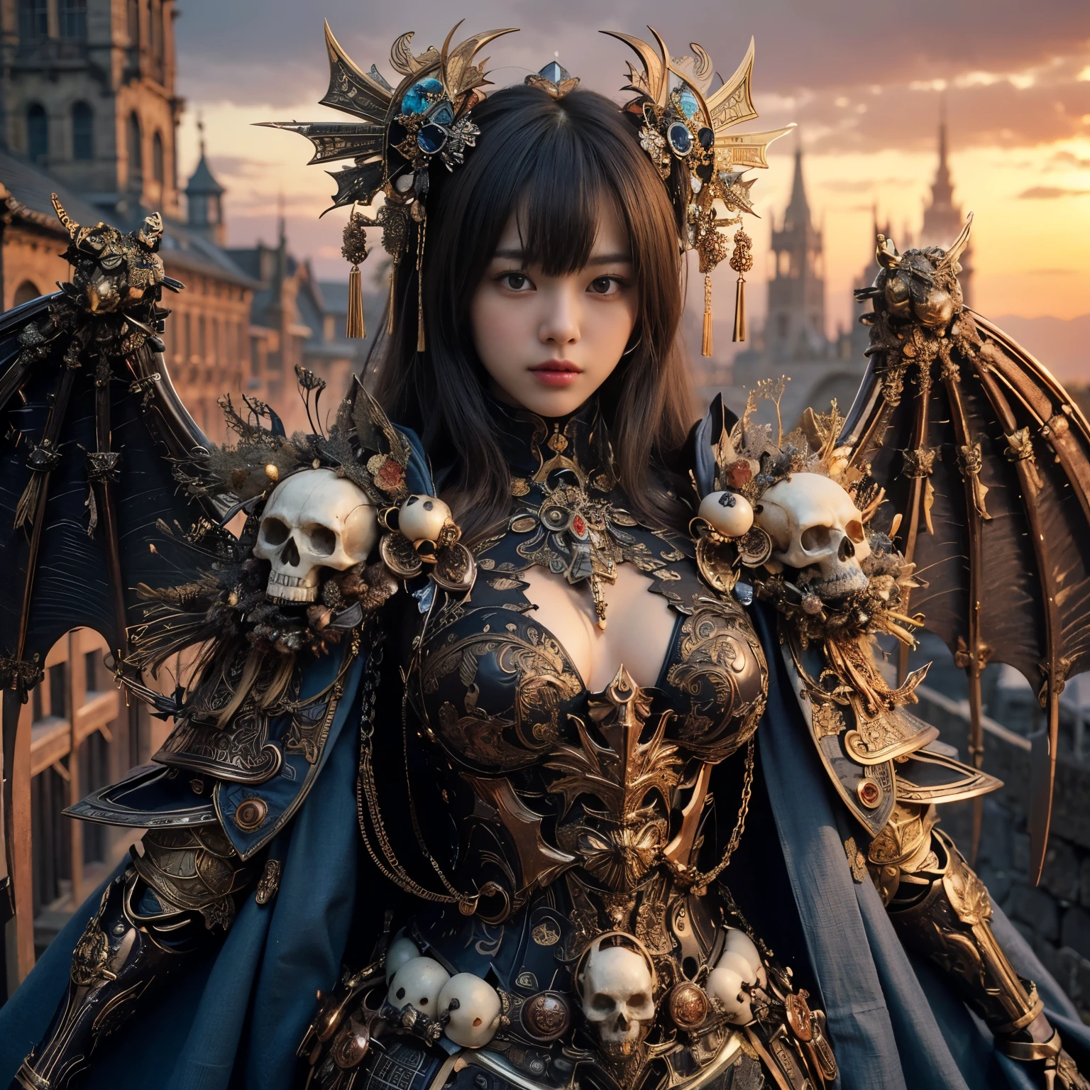 (masterpiece、highest quality、Realistic photos)、A very cute Japanese woman、(Brown skin:1.4)、A complex copper and brass mechanical armor with a skull motif.、Bat Wings、White tone、Blue accents、foot、Extremely intricate details、Posing on the medieval castle walls at sunset、Full Body Shot、Minimum 4 or more generated