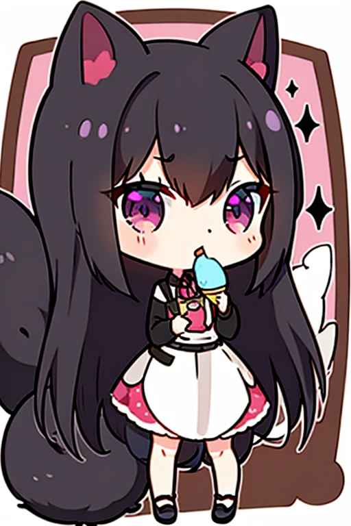 A black haired woman with violet eyes with an hourglass figure and black fox ears and a black fox tail is eating ice cream at the park