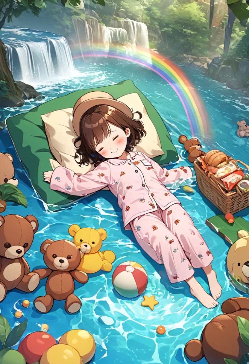 1girl, solo, blush, smile, brown hair, hat, closed eyes, lying, food, barefoot, on back, water, pillow, stuffed toy, sleeping, stuffed animal, child, teddy bear, pajamas, rainbow, waterfall