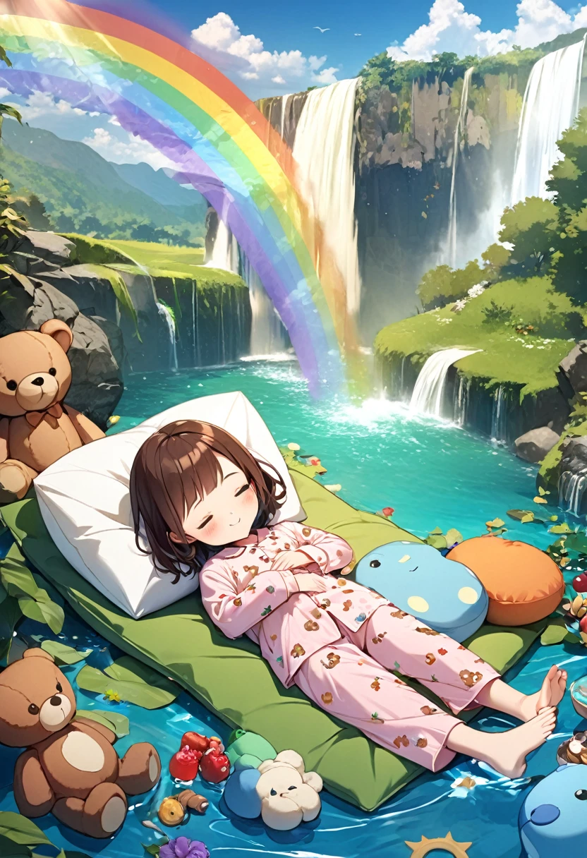 1girl, solo, blush, smile, brown hair, hat, closed eyes, lying, food, barefoot, on back, water, pillow, stuffed toy, sleeping, stuffed animal, child, teddy bear, pajamas, rainbow, waterfall