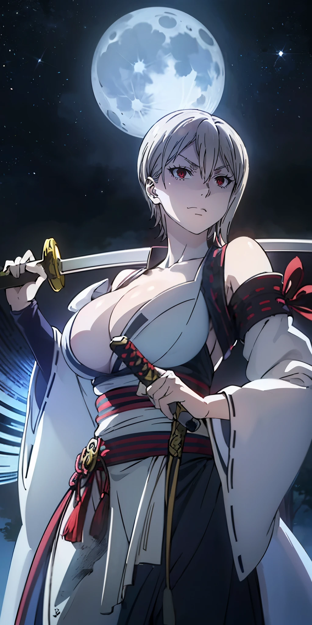 (short hair, silver hair:1.3), red eyes, pale skin, muscular female, anatomically correct, mature female, curvy, huge breasts, epic art, fantasy, breast press, night, sword, weapon, 1girl, katana, night_sky, solo, japanese_clothes, sky, breasts, large_breasts, cleavage, wide_sleeves, sheath, earrings, star_(sky), over_shoulder, looking_at_viewer, detached_sleeves, moonlight, outdoors , (shaded face:1.2), hollow eyes, red eyes, looking at viewer, (heavy breathing:1.2), smirk, upper teeth, glaring eyes, simple background,