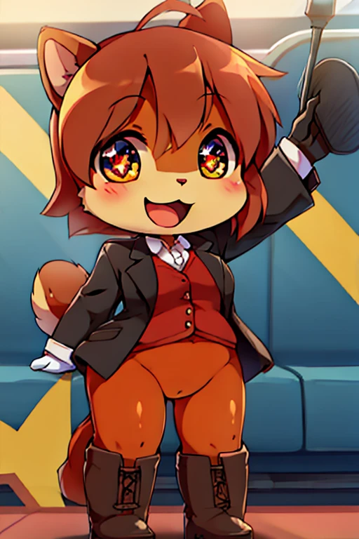 boy, squirrel and rabbit and cat, furry, bodyfur, blazer, bottomless, color tights, gloves, boots, chibi, happy, sparkling eyes, train
