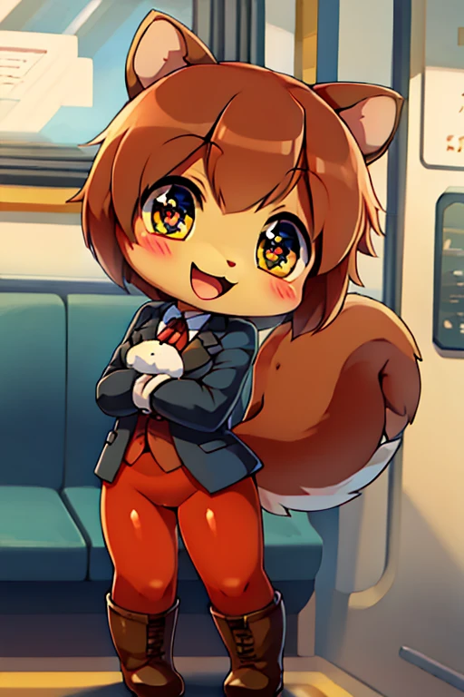boy, squirrel and rabbit and cat, furry, bodyfur, blazer, bottomless, color tights, gloves, boots, chibi, happy, sparkling eyes, train