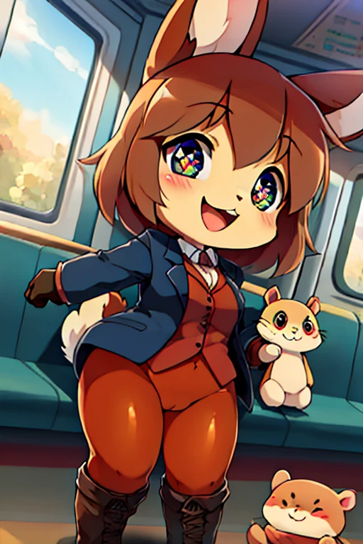 boy, squirrel and rabbit and cat, furry, bodyfur, blazer, bottomless, color tights, gloves, boots, chibi, happy, sparkling eyes, train