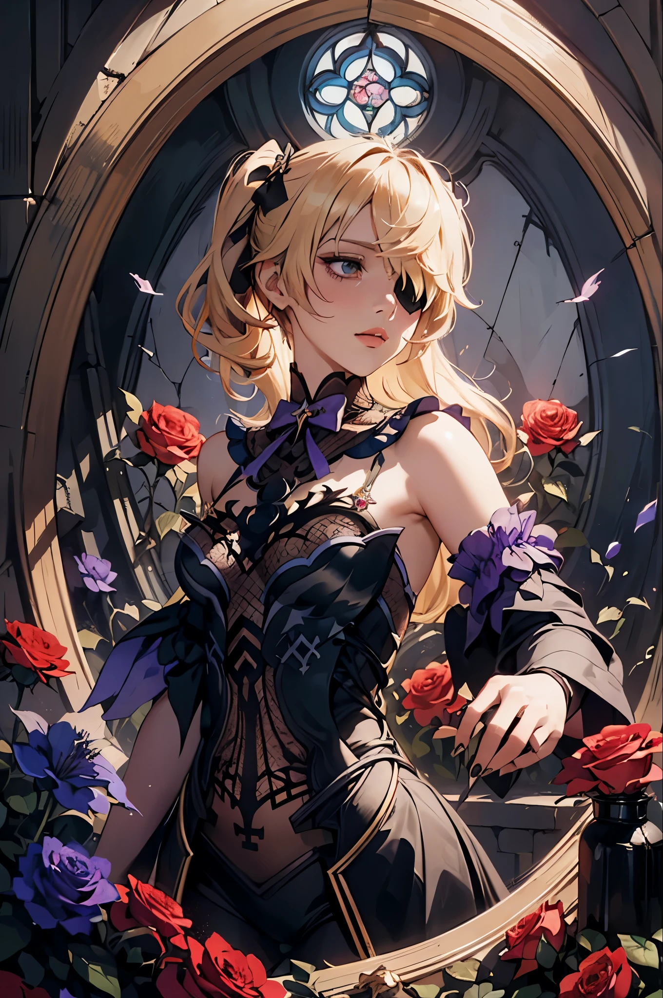 1woman, flowy blond hair ponytails, gothic, rose eyepatch in one eye, black lace gothic lolita dress, dried flowers, stained glass, official art, unity 8k wallpaper, ultra detailed, beautiful and aesthetic, beautiful, masterpiece, best quality, (zentangle, mandala, tangle, entangle), (ecstasy of flower:1.2) dynamic angle, the most beautiful form of chaos, elegant, a brutalist designed, vivid colours, romanticism, atmospheric, extremely delicate and beautiful, Amazing, finely detail, masterpiece, ultra-detailed, highres,best illustration, best shadow,intricate,sharp focus, high quality,