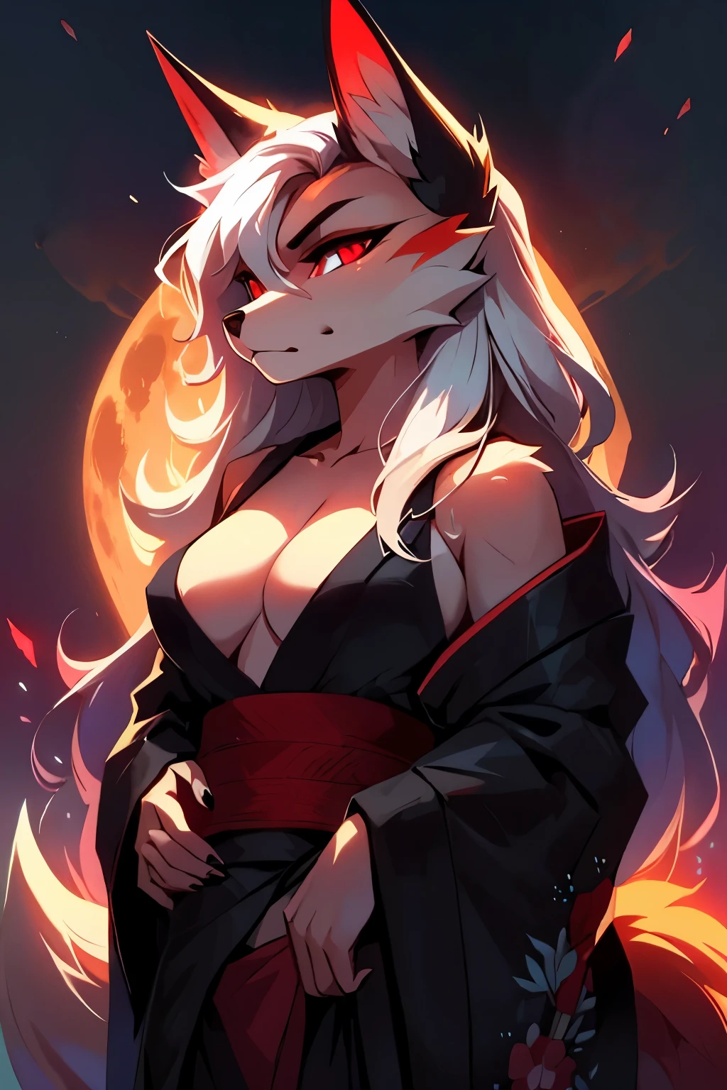 1 girl, anthropomorfic fox, anthro, fox, white fur, white boddy, white details, purple eyes, e621, black clothage, long hair, cute.  black cloathes, fluffy tail, glowing red eyes, antropomorfic, full boddy image, bigger tails,  snowy background,  cloathed, kimono, black kimono, white fur, white hair ,  full moon, serious full moon, powerful, red glow, red eyes