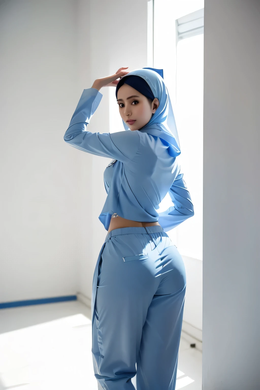 1 lady, 20 years old, best body,slightly tanned skin, wearing white hijab, hijab covers whole hair, wearing blue nurse shirt, (white panties), thighs, standing at hospital, holding up file, white background, nurse wear, close shot from back, (huge butt 1.4), medium breast (medium breast 1.4), hospital, back arch