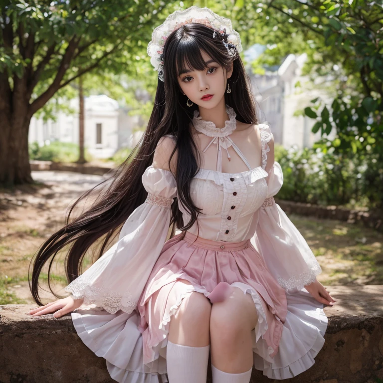 best quality, masterpiece, lifelike, 1 girl, solitary, eternal, Black Hair, Long curly hair, Bangs, Laugh out loud, Layered lace trim skirt,  Puff sleeves, Wide sleeves, Transparent sleeves,  flower, Detailed background,  Delicate face，pink blush，White，Knee socks, Pink shoes，cold，Lots of lace，((​masterpiece))、(top quality)、8k、High Detail、Super detailed、 21 years old female，​masterpiece、born、Intricate details showcase the ruffles and intricate designs of the ****ta dress、beautiful、magic、realism、Visual effect、FXAA、SSAO、shader、voiceless、Ambient Lighting、Tone Mapping、high resolution、Ultra HD、Million pixels、(8k resolution:1.10)、8k resolution、High Detail、Intricate details、 (high quality:1.2、​masterpiece:1.2、:1.21)、(21 years old female），Hair accessories are not allowed, in amusement park