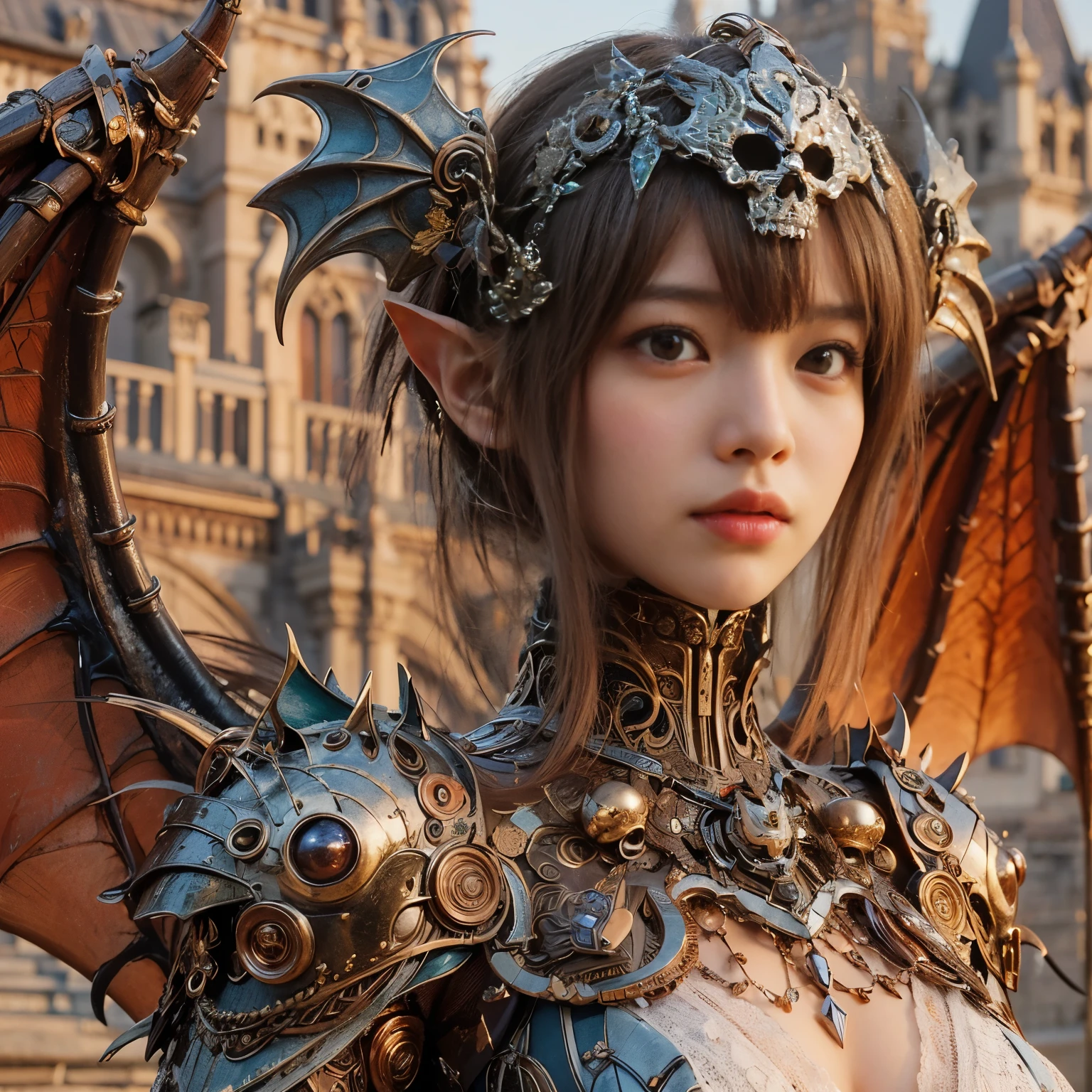 (masterpiece、highest quality、Realistic photos)、A very cute Japanese woman、(Brown skin:1.4)、A complex copper and brass mechanical armor with a skull motif.、Bat Wings、White tone、Blue accents、foot、Extremely intricate details、Posing on the medieval castle walls at sunset、Full Body Shot、Minimum 4 or more generated