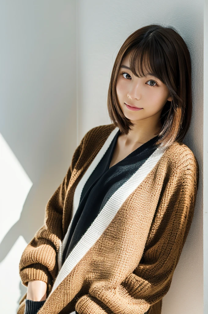 20 year old Japanese woman with dynamic hair、Wearing a black cardigan、Photographed in front of a white wall、In a room with white walls and a window、Light Bob、Brown Hair、The average face of a Japanese woman