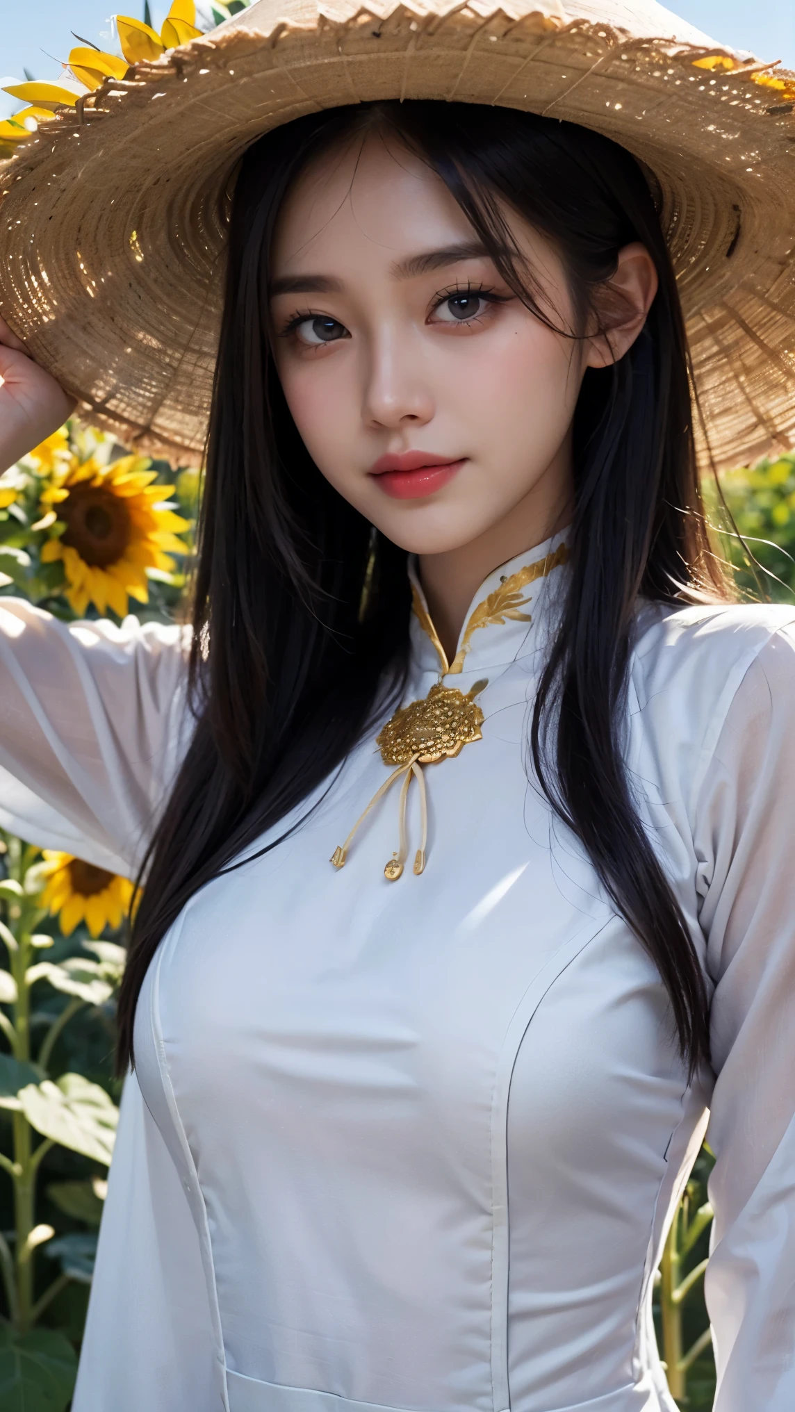 Top-quality Realistic,Official art,Highly detailed CG Unity 8k wallpaper,ultra-detailliert,hight resolution,Physically-based rendering,Magnificat,finely detail,masterpiece,Best Quality,ultra detailed,Mature beauty,Beautiful women,1girl,moist lips,sexy lips,Sexy smile,Gentle smile, 20 years old, Beautiful bare skin,Smooth bare skin, big well-shaped breasts, beautiful cleavage,beautiful Mature body,swept bangs,(Medium hair:1.3), beautiful detailed eyes,model shoot style,Japanese Idol,Full-body,((Sunflower blooming field)),BREAK, ((Ao dai:1.3)),(vietnamese national costume),(wide brimmed straw hat),Standing model pose,Delicately expressed eyes,cute smile,A lot of Sunflower are blooming,standing position,(outstretched arms), ((Extreme close-up)),