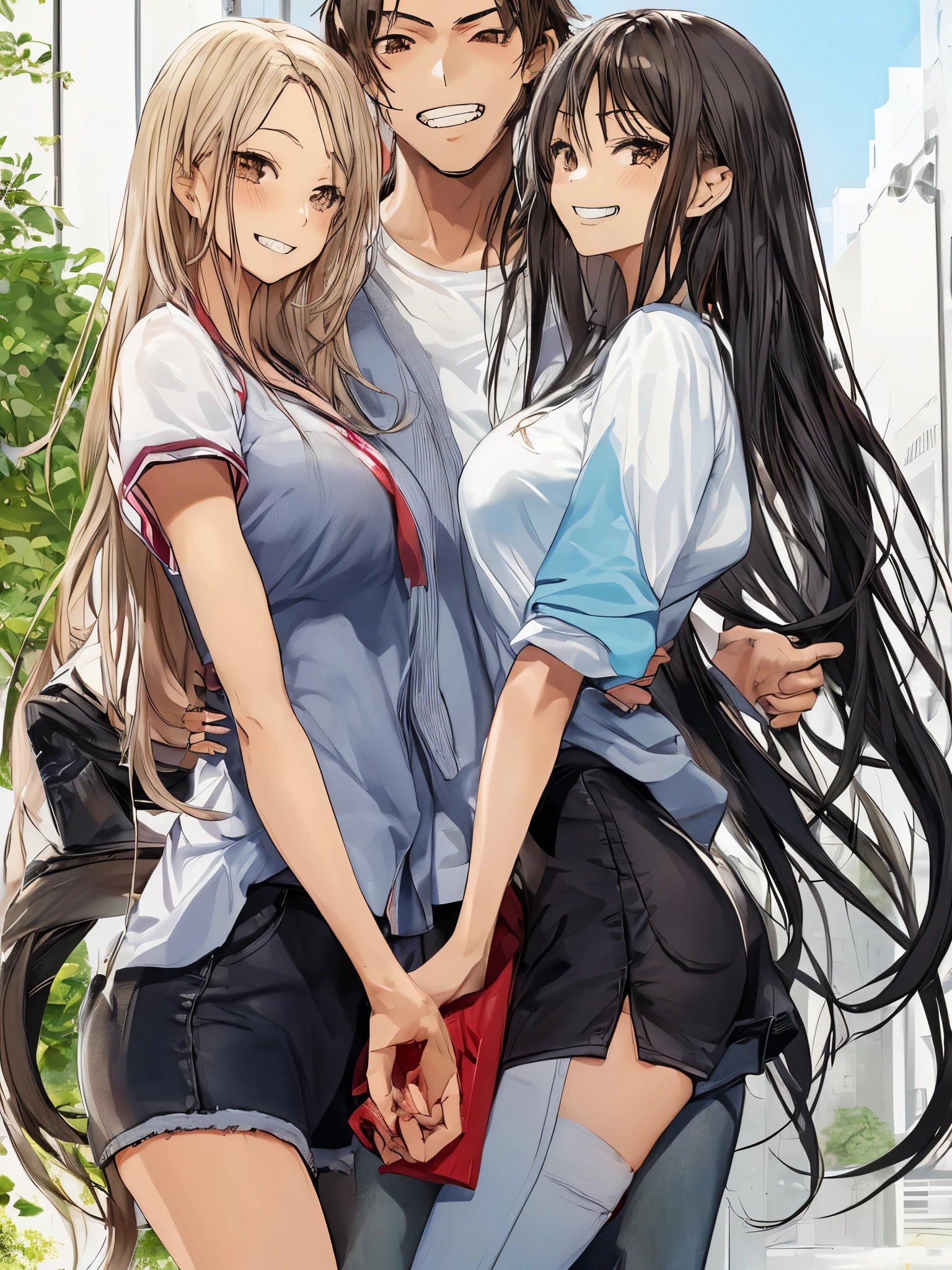 2girl, 1boy,  , gyaru, grin, cheerful,
ffm threesome, group picture, double girls, love triangle,  size difference, 
 