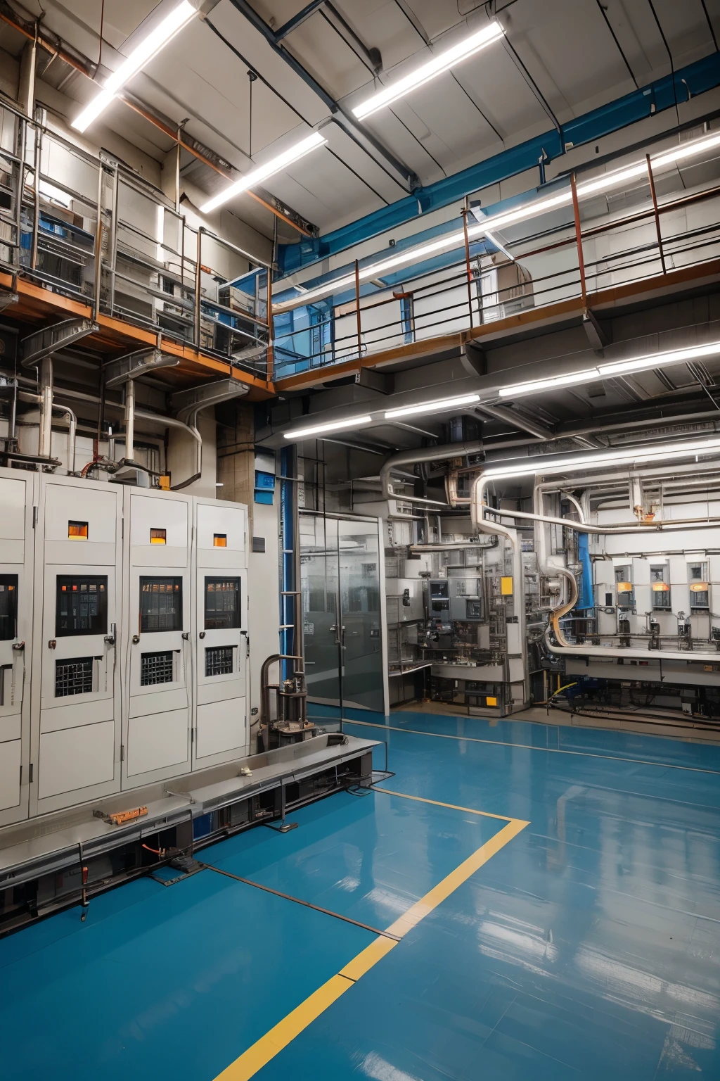 High tech factory inside with electrical panels and switchgear panels in the background. colourful realastic