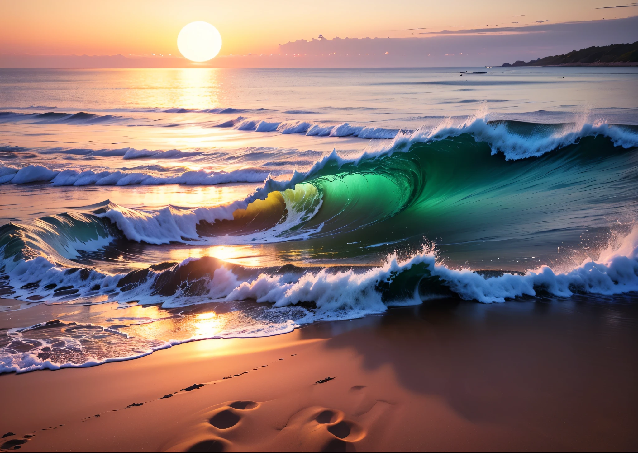 View of the vast ocean from the top of the sand dunes、Rising Sun、Sparkling sea、Perfect lighting、Sharp focus、High resolution、High resolution、High color reproducibility、High resolution、Ultra-realistic、Photorealistic