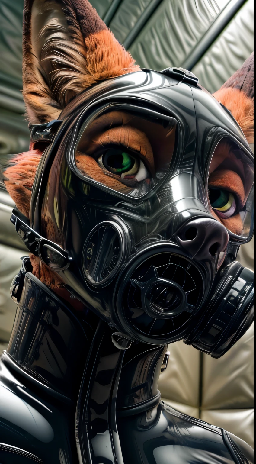 Photograph, realistic, 4k, Solo, furry, Nick Wilde, black rubber, padded room, (latex suit), looking at viewer, sweating everywhere , (detailed eyes, white sclera, ultra detailed eyes), extreme close up, in love, lustful, smug, ((low angle camera)), gas mask, pastel gas mask