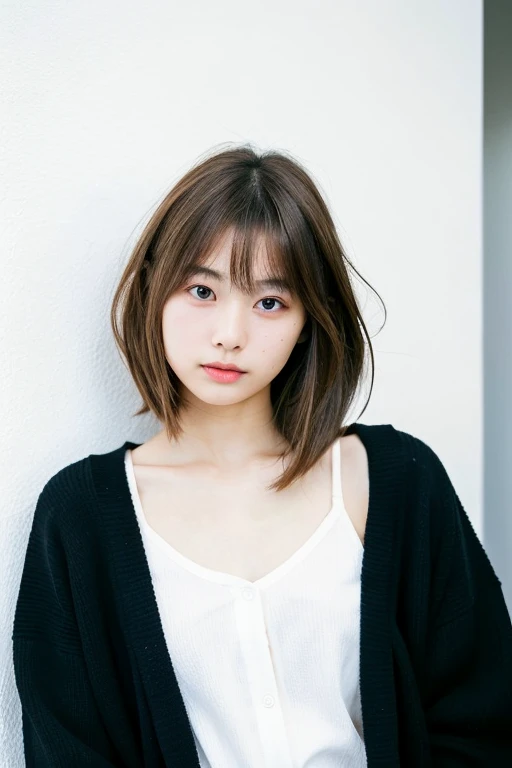 20 year old Japanese woman with dynamic hair、Wearing a black cardigan、Photographed in front of a white wall、In a room with white walls and a window、Light Bob、Brown Hair、The average face of a Japanese woman