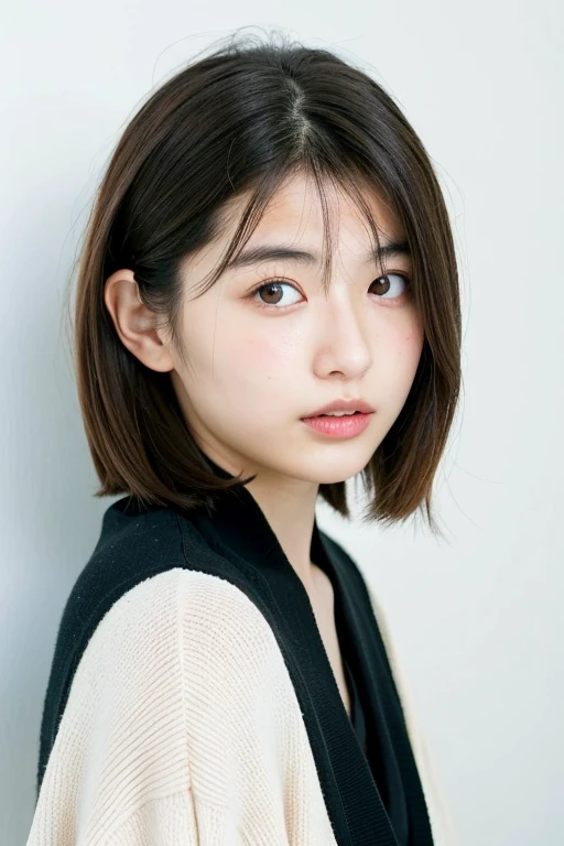 20 year old Japanese woman with dynamic hair、Wearing a black cardigan、Photographed in front of a white wall、In a room with white walls and a window、Light Bob、Brown Hair、The average face of a Japanese woman