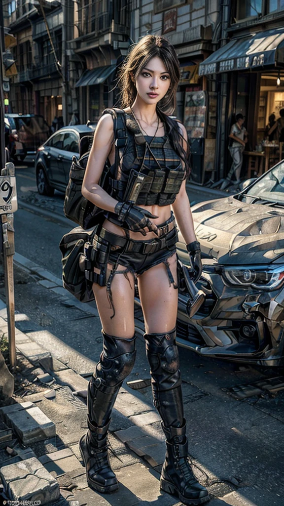 (Realistic photos:1.3, 16k, highest quality, masterpiece, Ultra-high resolution), Perfect dynamic composition:1.2, Very detailedな肌と顔の質感:1.2, Professional camera work, Action pose:1.0, Very detailed, Beautiful Japanese women serving in the US military, Incredibly slim body, Fair skin, Very beautiful face, Stern expression, (Automatic rifle:0.5, Bulletproof vest, Torn clothes:0.5, Backpack, boots), Shapely breasts, Chest gap, (Covered in scars:1.0, Big eyes that exude beautiful eroticism, Lips that exude beautiful eroticism), Sexy beauty, Cowboy Shot, necklace, Earrings, bracelet, (war:1.0, A ruined world:1.0, Increase the disruptive element:1.0, Operation End, Car buried in rubble, Innovative Configuration)