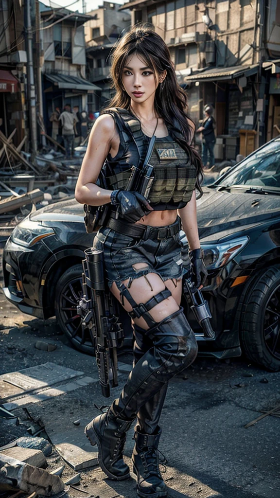 (Realistic photos:1.3, 16k, highest quality, masterpiece, Ultra-high resolution), Perfect dynamic composition:1.2, Very detailedな肌と顔の質感:1.2, Professional camera work, Action pose:1.0, Very detailed, Beautiful Japanese women serving in the US military, Incredibly slim body, Fair skin, Very beautiful face, Stern expression, (Automatic rifle:0.5, Bulletproof vest, Torn clothes:0.5, Backpack, boots), Shapely breasts, Chest gap, (Covered in scars:1.0, Big eyes that exude beautiful eroticism, Lips that exude beautiful eroticism), Sexy beauty, Cowboy Shot, necklace, Earrings, bracelet, (war:1.0, A ruined world:1.0, Increase the disruptive element:1.0, Operation End, Car buried in rubble, Innovative Configuration)