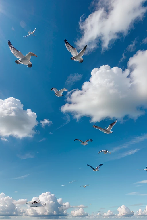 Blue sky with clouds and seagulls flying