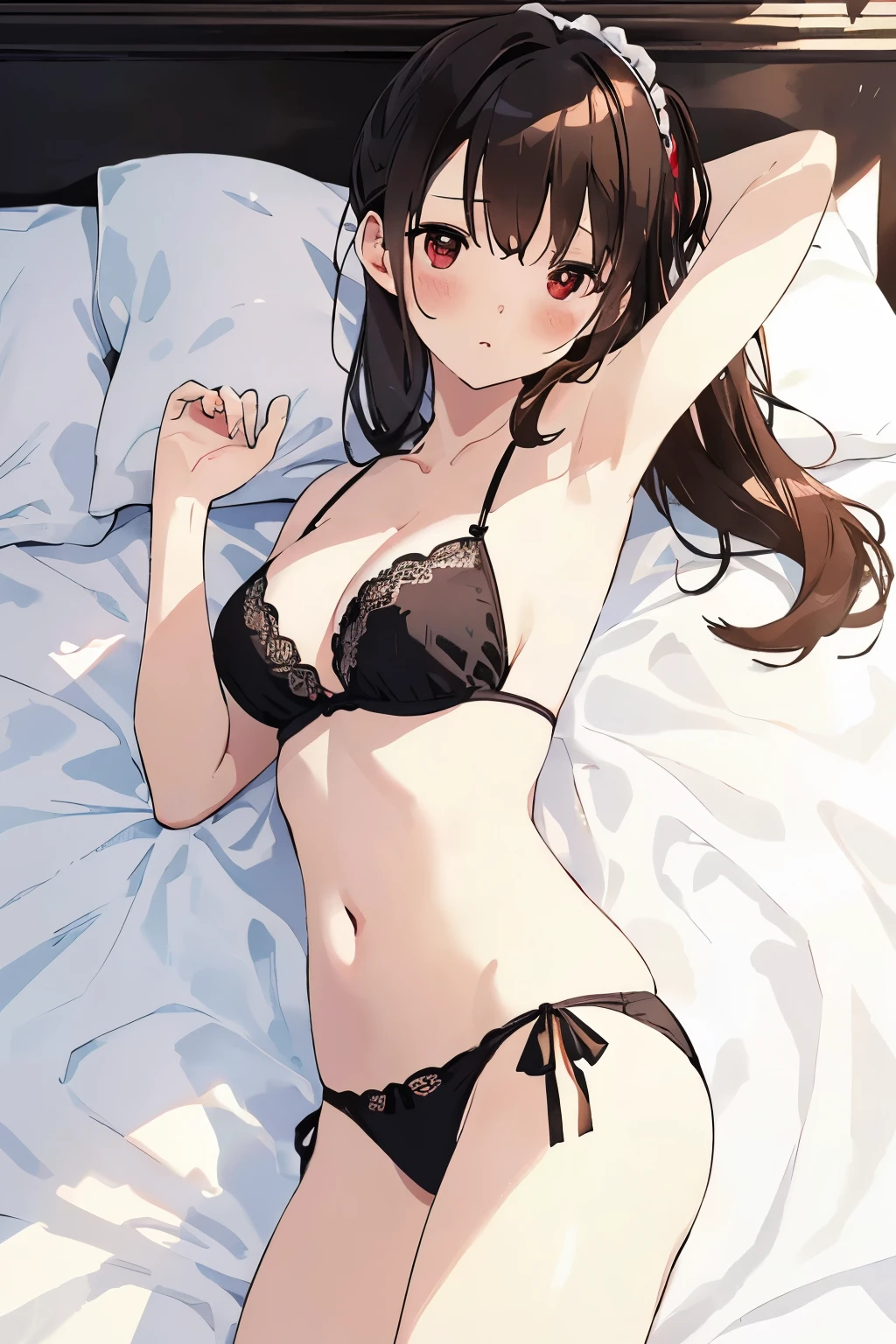 best quality, masterpiece, solo, 1 Female、Age 25、(Soft Bust:1.2)、Larger breasts、(Cleavage)、(Slender figure)、(Maid Style)、Maid Bikini、from side、White lace underwear、(Lying in bed)、(Lying on the white sheets of a bed)、(White highlight in pupil:1.2)、Dark reddish brown eyes、(Black-haired:1.2)、Ponytail Hair、(View your viewers:1.2)、White skin、(blush)、(A sad expression)、Wooden bedroom、Wooden bed、(I blur the background a lot to make the woman stand out.:1.3)、(The sunlight shines in)、(Beautiful flowers in the background)