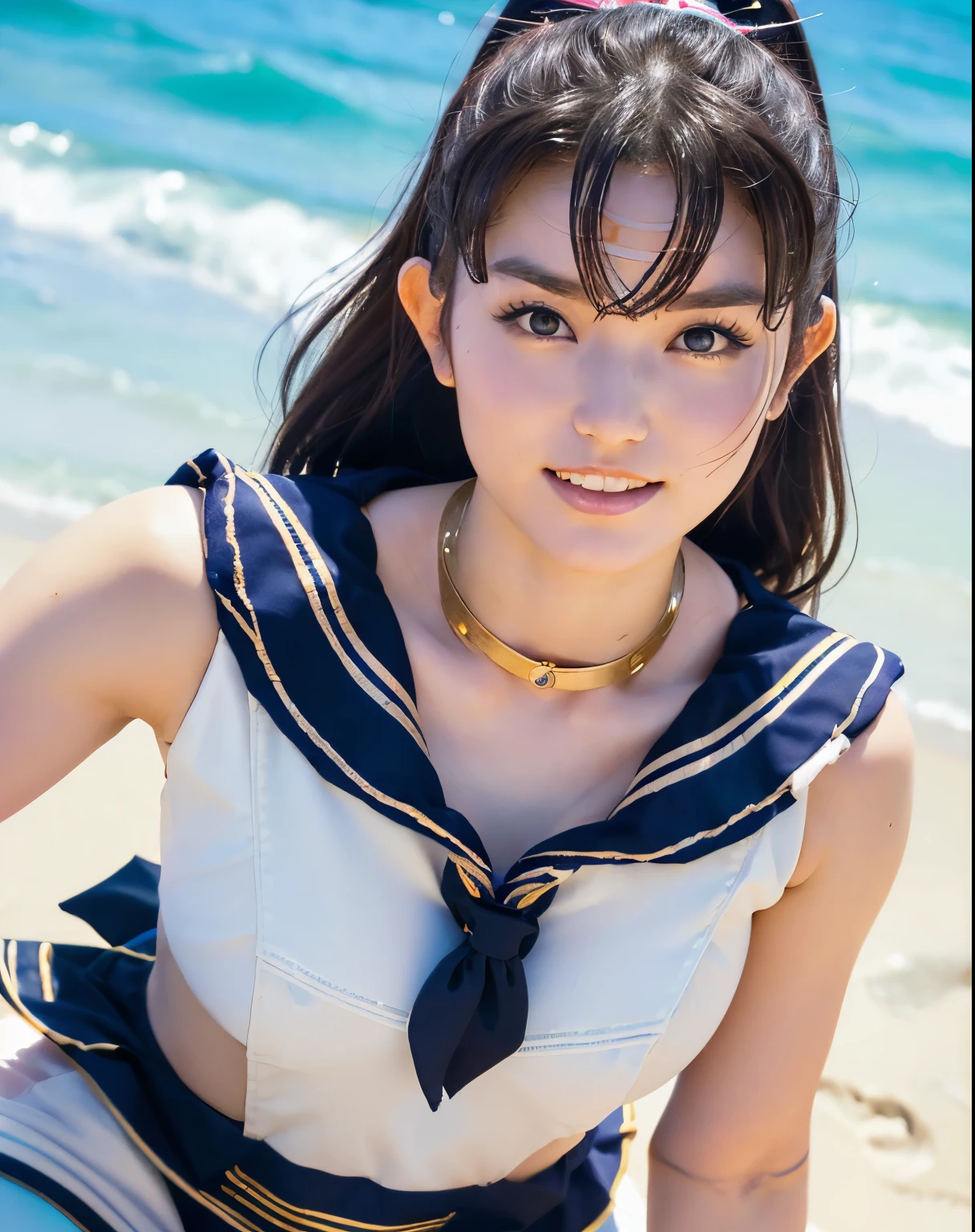 (highest quality:1.2),masterpiece,Ultra-high resolution photos,(Perfect beautiful face 1.2),(Perfect and beautiful posture:1.2),(Beauty, Female Barbarian:1.2), Thick muscular body, ponytail,Clear Eyes, (Wearing Sailor Moon costume: 1.2), On a date on the beach of a deserted island, Sharp Eye, Thick eyebrows, Beautiful full-body photos, nice smile