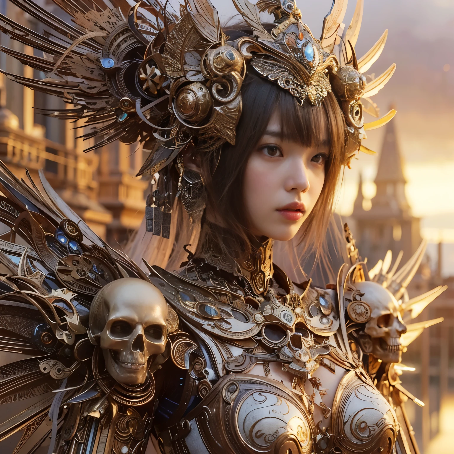 (masterpiece、highest quality、Realistic photos)、A very cute Japanese woman、(Brown skin:1.4)、A complex copper and brass mechanical armor with a skull motif.、Bat Wings、White tone、Blue accents、foot、Extremely intricate details、Posing on the medieval castle walls at sunset、Full Body Shot、Minimum 4 or more generated