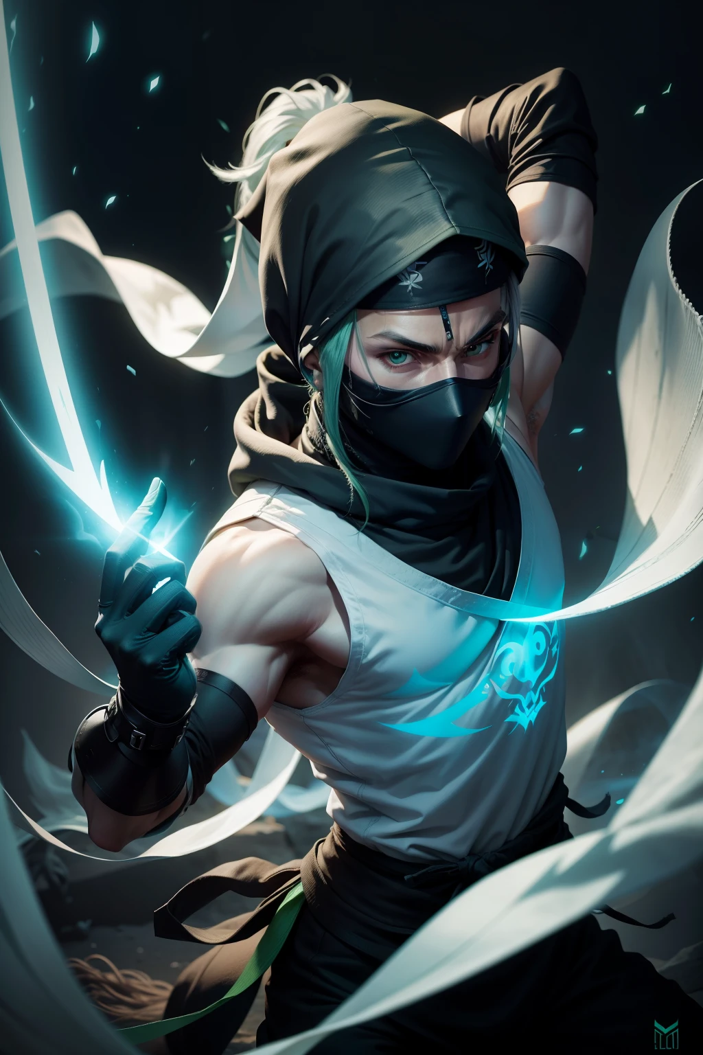 Ninja en tenue blanche et illuminer en vert