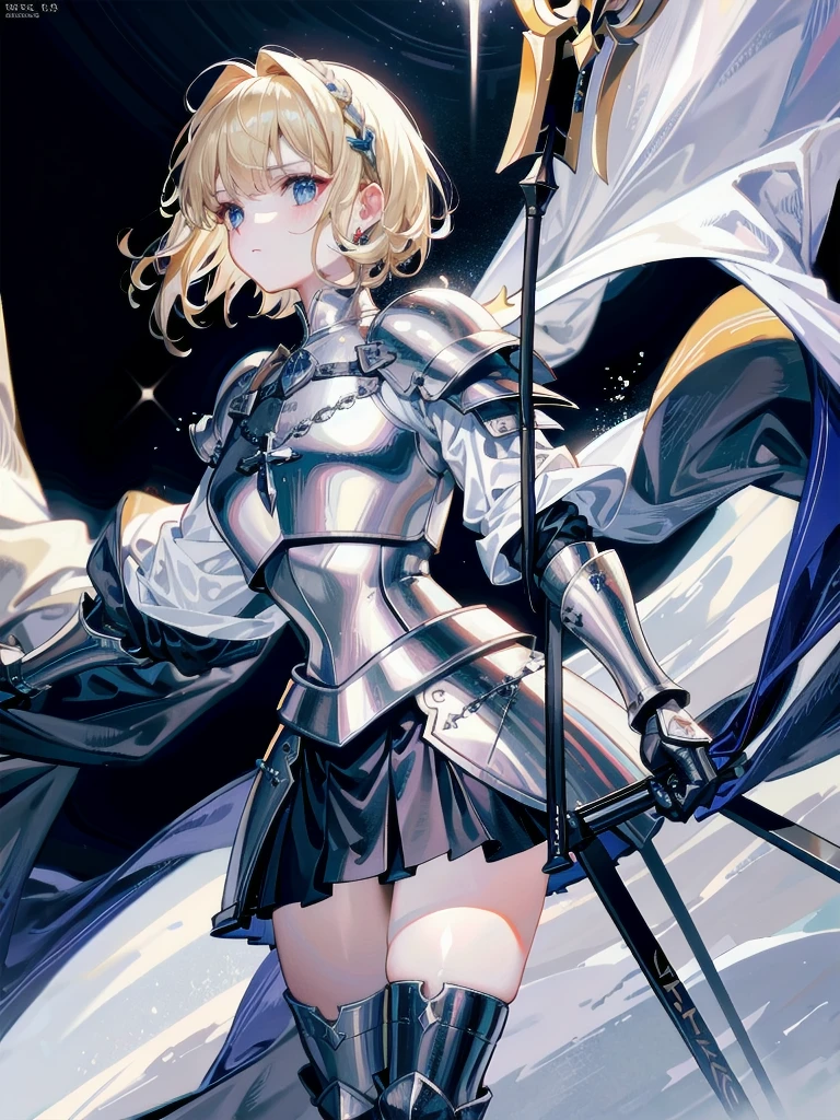 Joan of Arc, surcoat, cross armor, full body shot, absurdres, RAW photo, extremely delicate and beautiful, masterpiece, Best Quality, ultra high resolution, 32k, hyperrealistic, ultra-detailed, detailed beautiful face and eyes, tearful mole, earring, short medium hair, wavy hair, blonde hair, gauntlets,